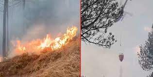 शिवपुरीमा आगलागी, निभाउन हेलिकोप्टरबाट खन्याइयो पानी
