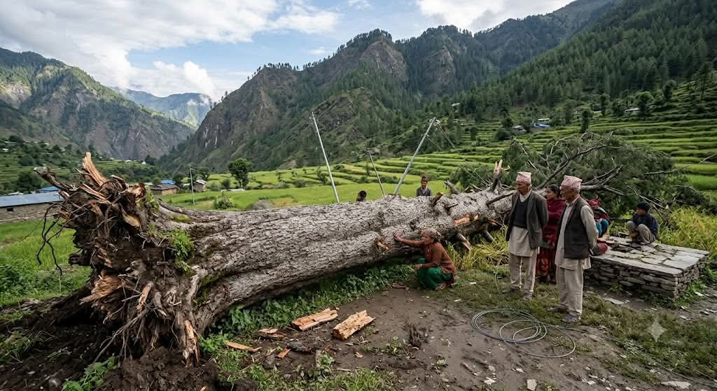 जुम्लाको दक्षिण एसियाकै पुरानो मानिएको देवदारको रुख ढल्यो